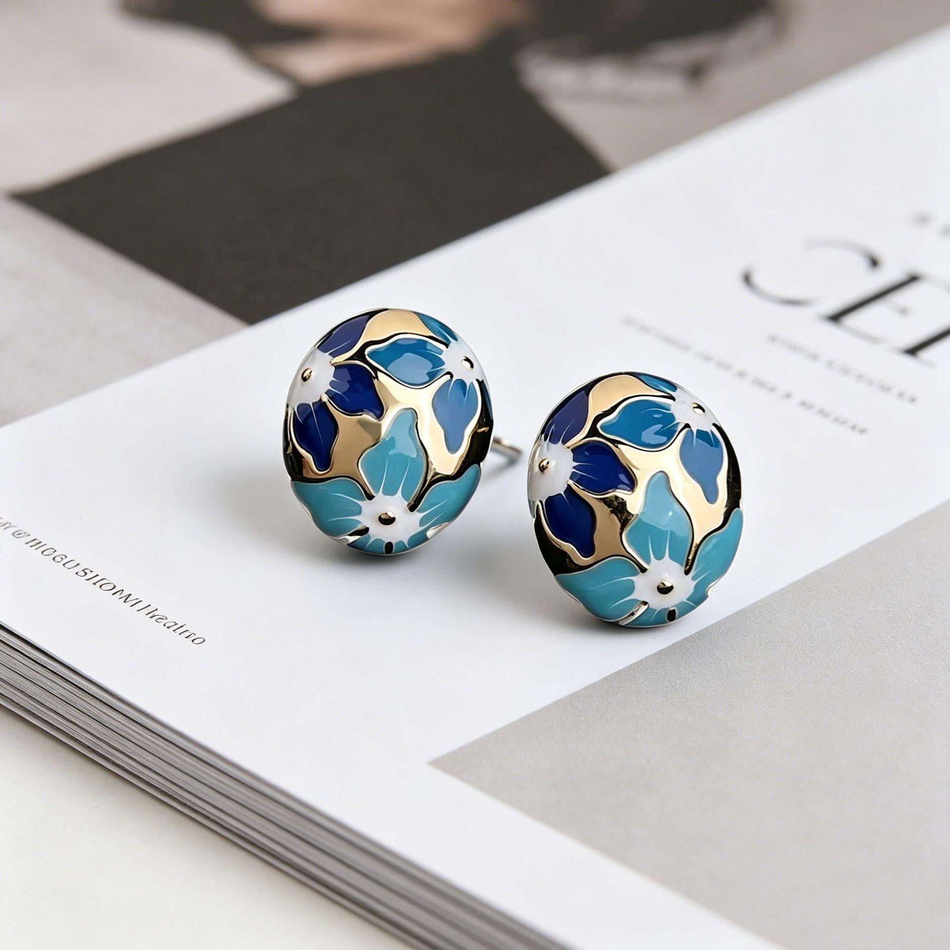 Elegant Blue Glazed Flower Oval Stud Earrings