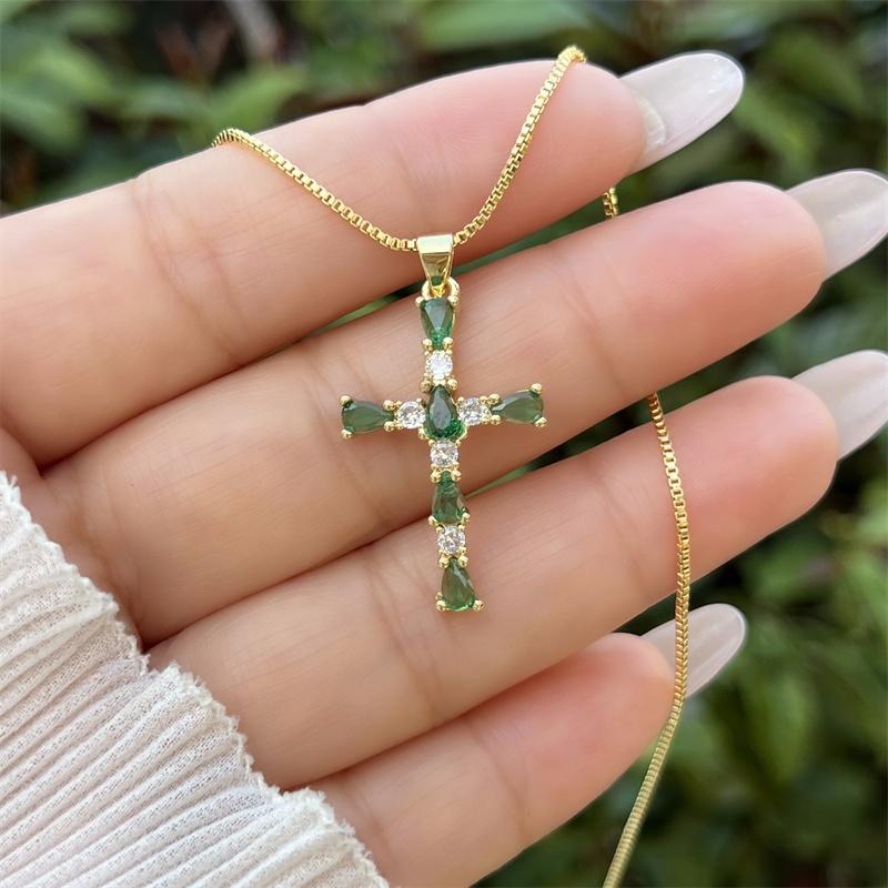 18K Gold-plated Copper Zircon Water Drop Cross Necklace, Classic and Simple Style, Daily Waterproof and Non Fading Pendant