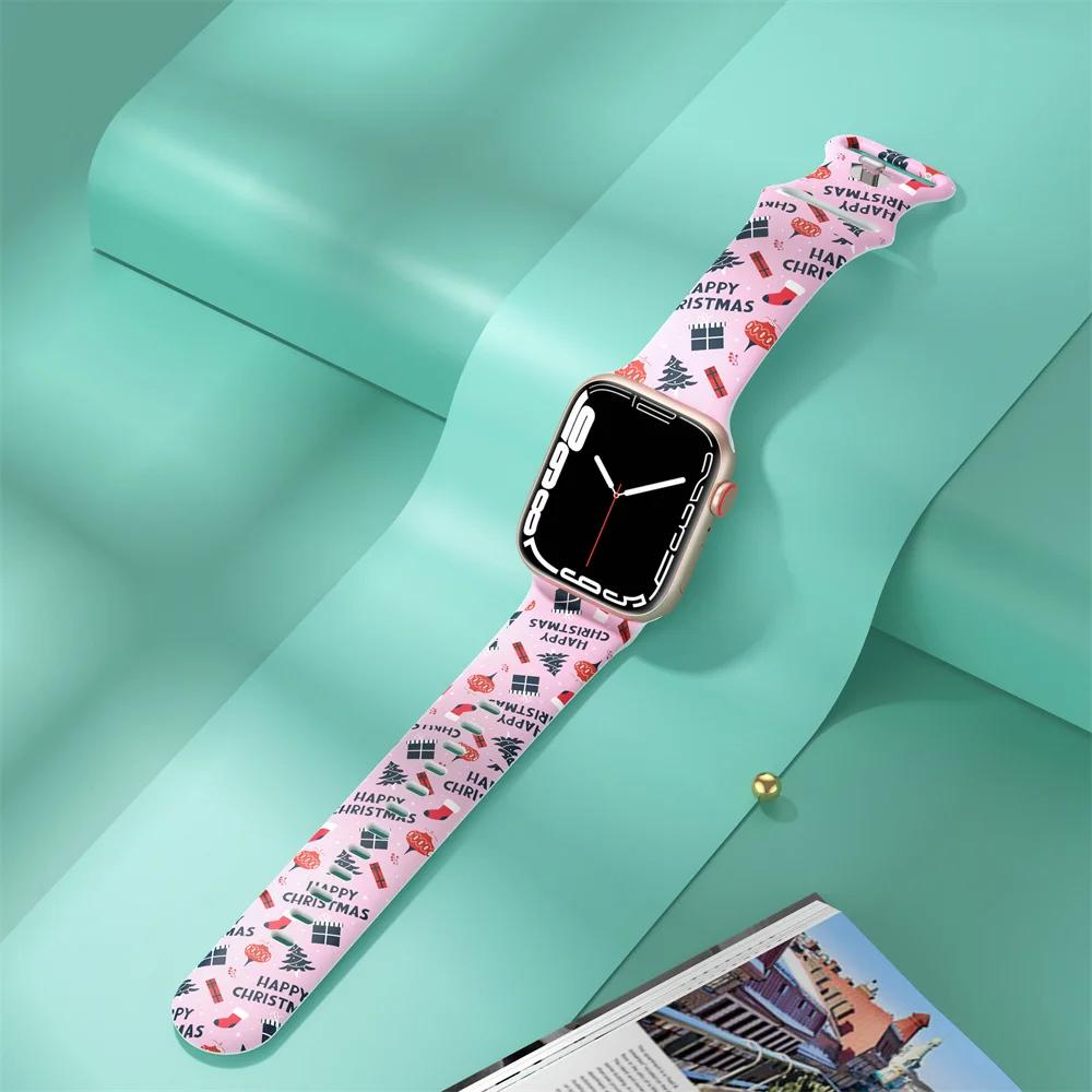 Pentru curele de Crăciun Pentru curea Apple Watch 44mm Ultra 2 49mm 40mm femei Brățară silicon imprimată iWatch Series 9 8 7 6 5 SE 41/45mm