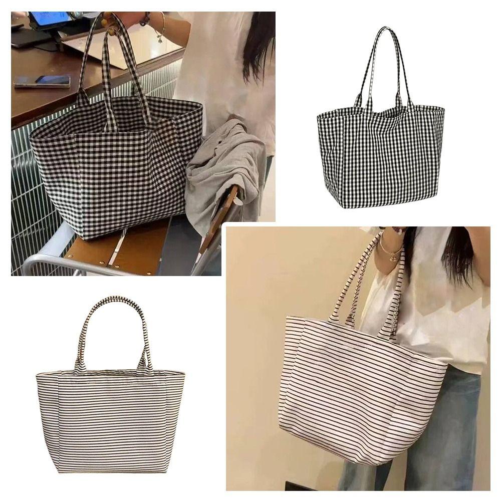 Polka Dot Print Canvas Tote Bag Stripes Print Canvas Material Large Capacity Tote Check Print Large Capacity Printed Canvas Bag