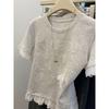 Pure Cotton Gray Lace Splicing Fake Two-piece Short-sleeved T-shirt for Women In Summer Short Slim Tops Ins