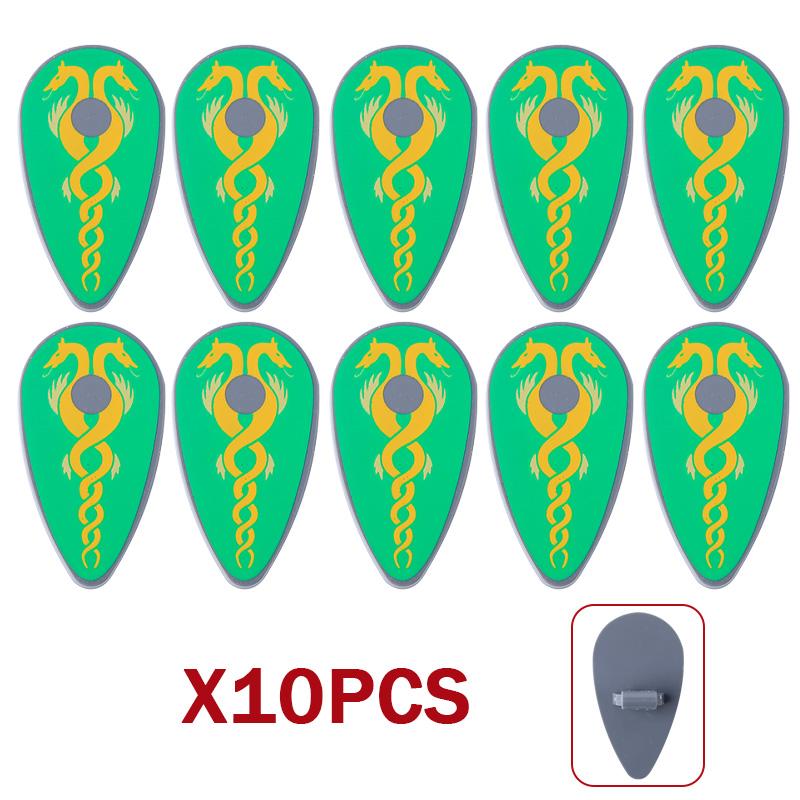 MOC Medieval Military Castle Weapon Roman Knight Helmet Shield Accessories Building Blocks Green Dragon Lion Crusader Bricks Toy