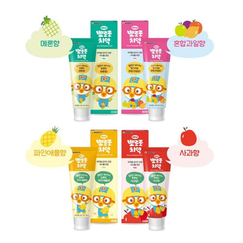 KM Pharmaceutical Pororo New Kids Toothpaste Set Mixed Fruit Pineapple Melon Apple Flavor Low Fluoride Toddler Oral Care 90g x4 (Total 360g)