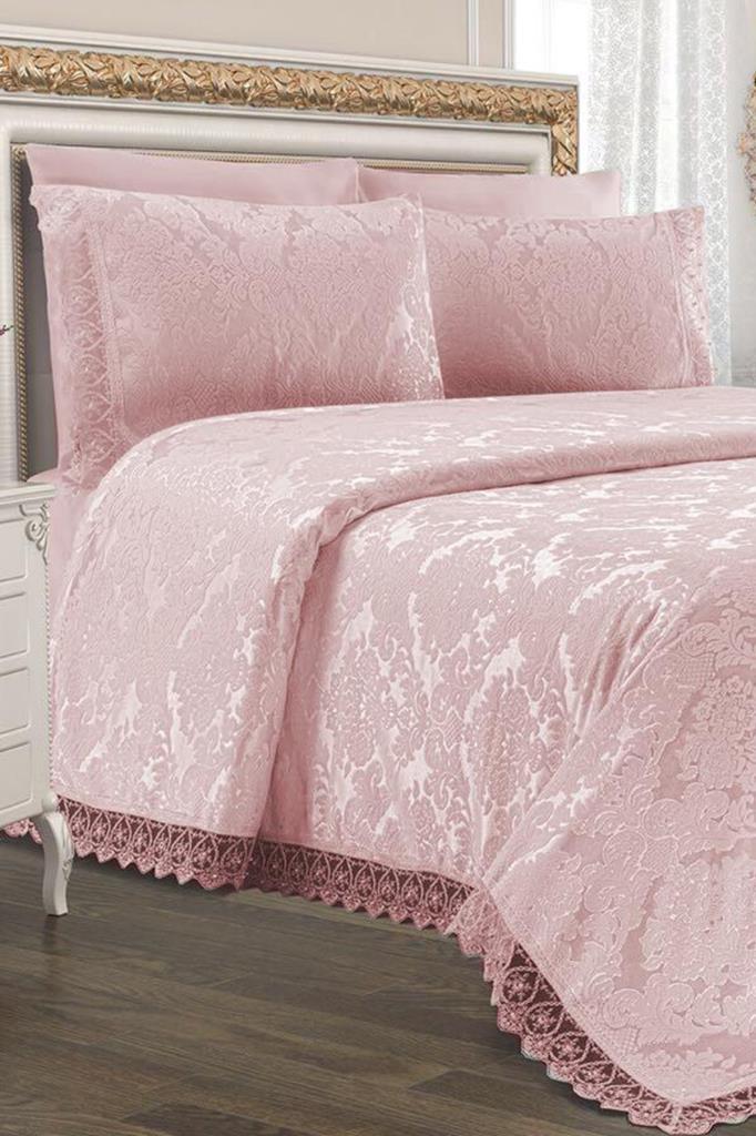Topkapi Chenille Bedspread Set, Coverlet 235x250 with Pillowcase, Jacquard Fabric, Full Size, Double Size Pink