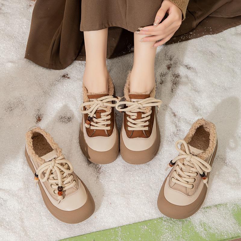 Fleece Single Shoes Women's Shoes Leather Thick-soled Warm Fluffy Shoes Women's Snow Leather Shoes New Winter Non-slip Cotton Shoes