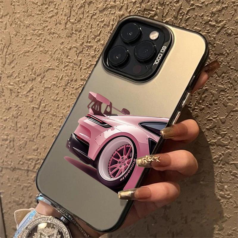 Pink Supercar Print Electroplate Silver IMD Phone Case For iPhone 17 16 15 14 13 12 11 Pro Max X XS XR 7 8 Plus 17 Air 16E Cover