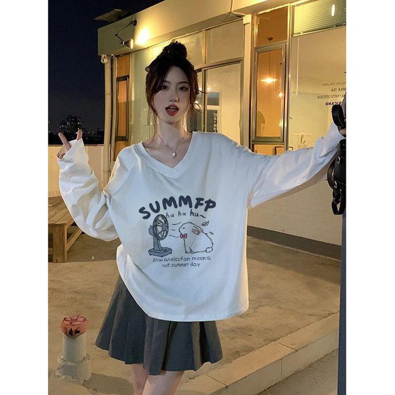 

Women s V-Neck Mid-Length Long-Sleeved Fleece Top - 2025 Autumn/Winter Loose Korean Style 2XL