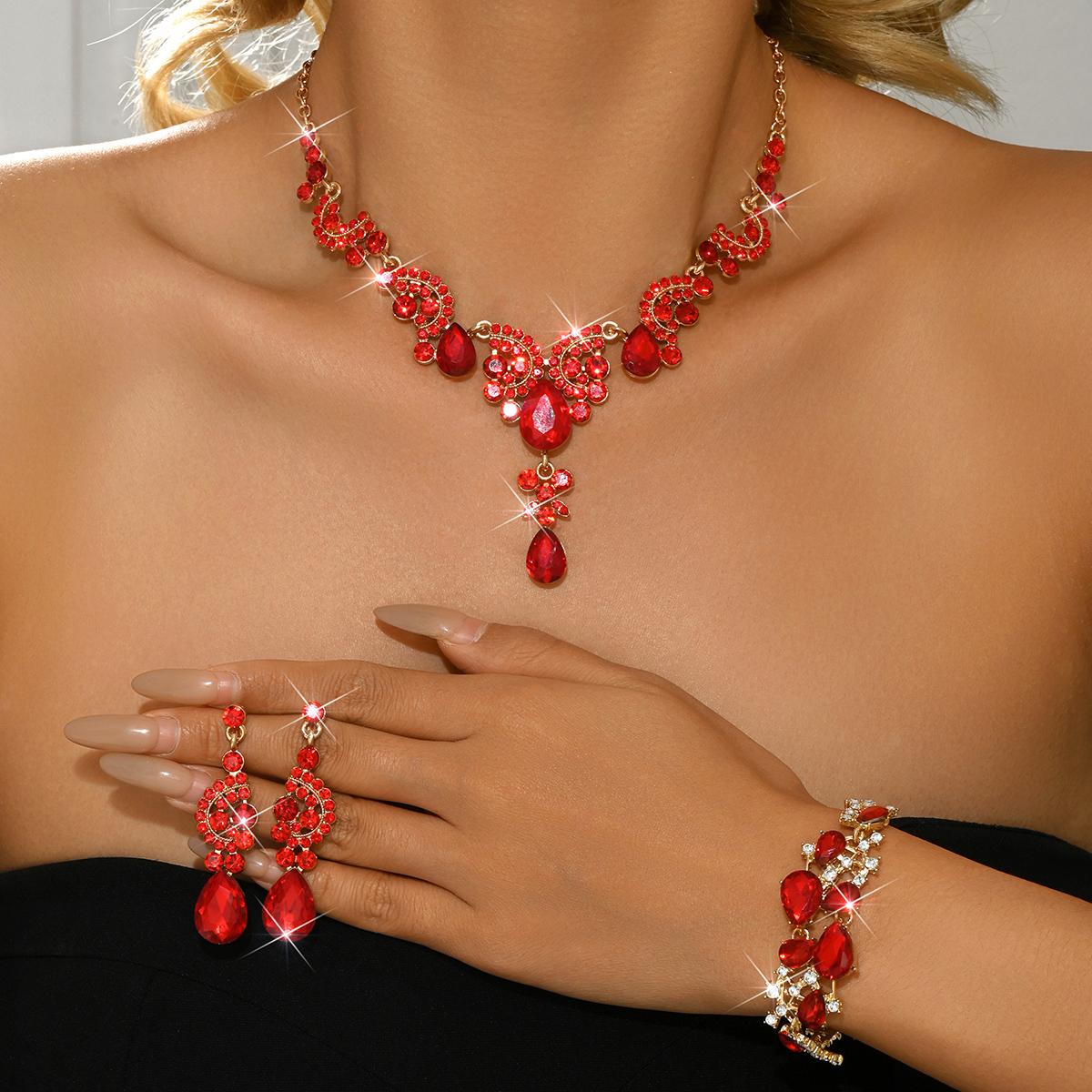 

Luxury Red Crystal 3Pcs Jewelry Set Women s Gold Rhinestone Necklace Earrings Bracelet Bridal Wedding Party Accessories