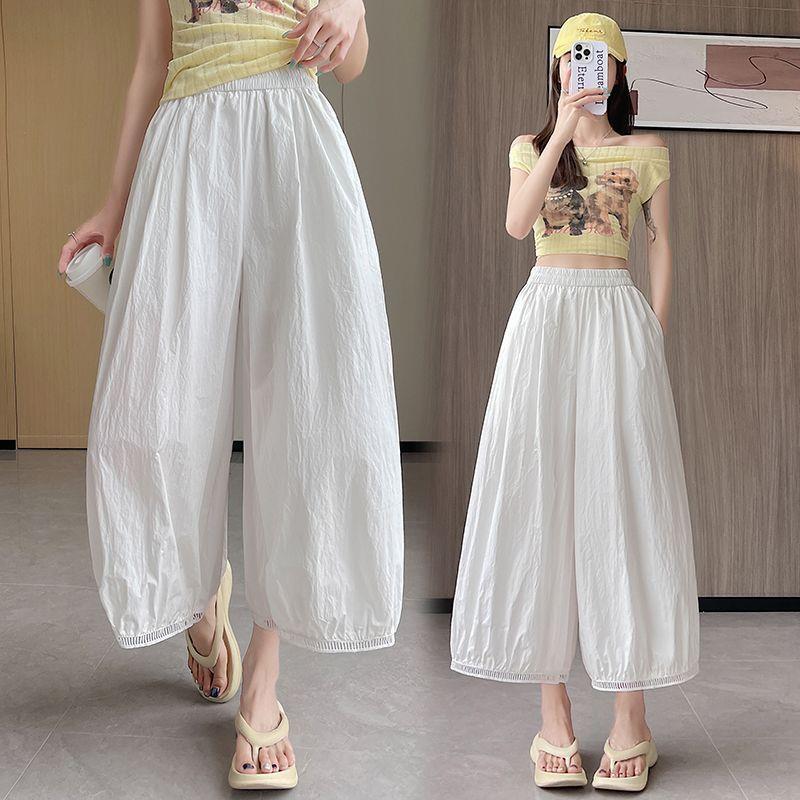 

Korean Style Women s High-Waisted White Ice Silk Cropped Pants - Petite Bloom Lantern Design for Spring 3XL (156-170 Jin) білий