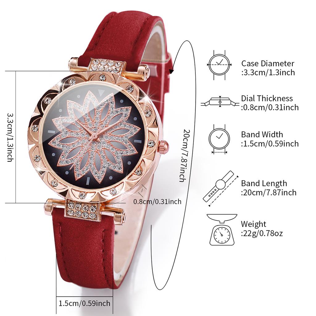 6pcs/set Fashion Women Leather Strap Flower Quartz Watch & Bracelet Set