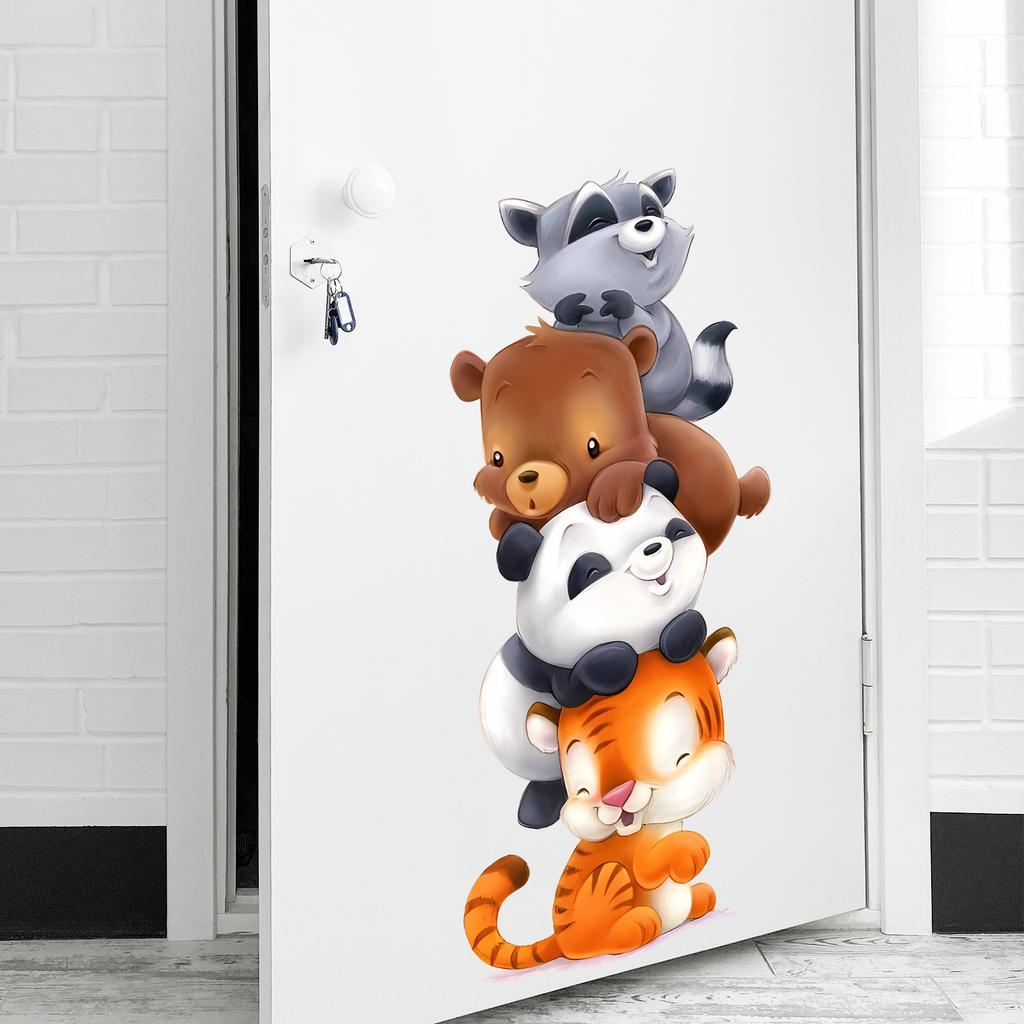 Cute Cartoon Stacked Animals Tower Wall Stickers, Self-Adhesive Decor for Kids Room Kindergarten Bedroom Entryway Decoration