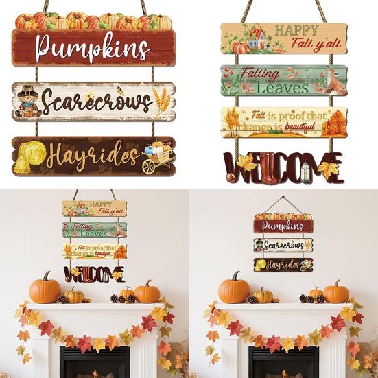 Rustic Pumpkin Door Sign Set, Wooden Scarecrow Wall Hanging Decor with Sunflower and Maple Leaf, Vintage Fall Harvest Welcome Plaque