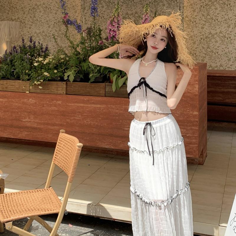 Holiday Style Wear Pure Desire Spice Girl Design Sense Deep Neck Sling Contrasting Color Mesh High Waist Skirt Two-piece Set