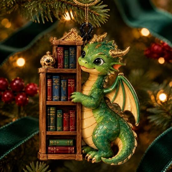 Whimsical Dragon Decor for Bookshelf Bookish Ornament, Fantasy Book Dragons Christmas Hanging Unique Acrylic Ornament Decoration, Gothic Pendant,