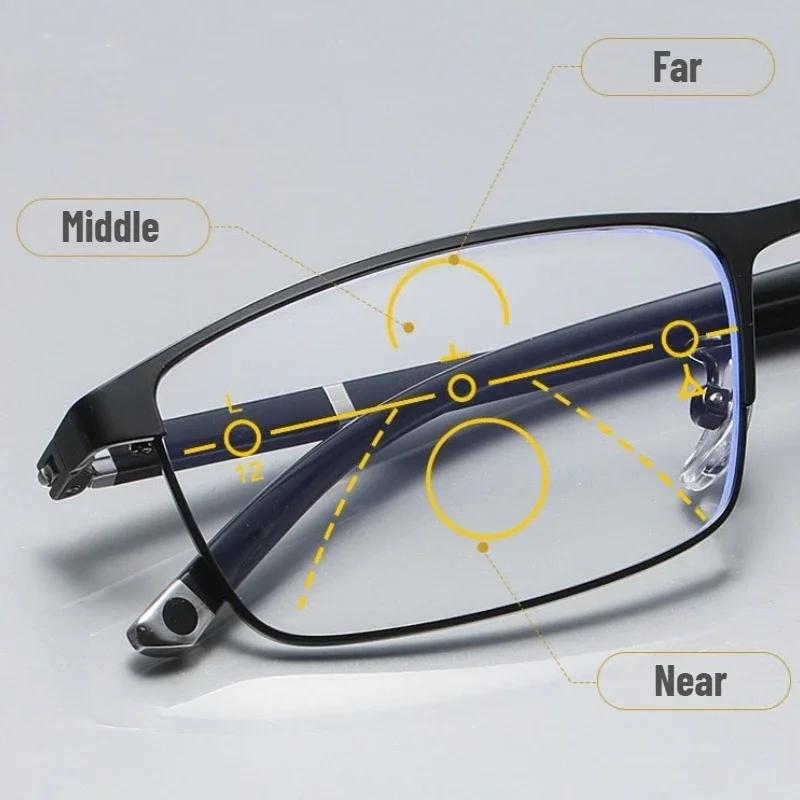 Men'S Classic Square Full Frame Photochromic Multifocal Reading Glasses Anti-Blue Light Far And Near Presbyopia Glasses