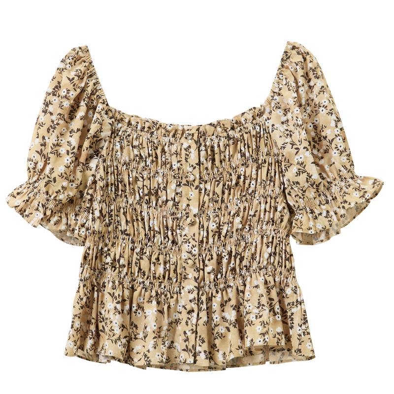 Women s French Puff Sleeve Floral Square Neck Crop Top XL