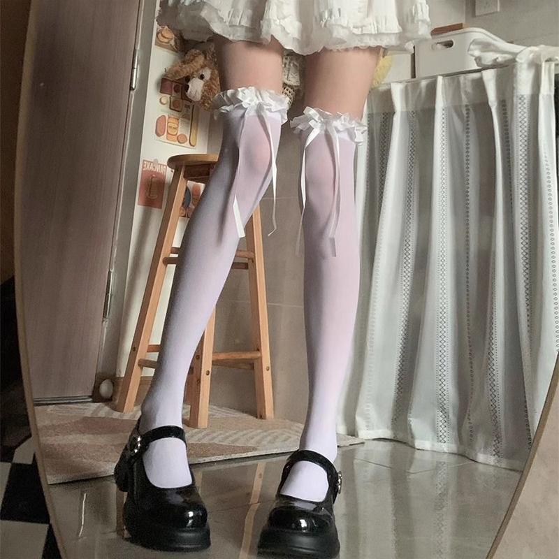 Ballet-Style Bow Over-The-Knee Socks Lace Socks Jk Style Openwork Socks