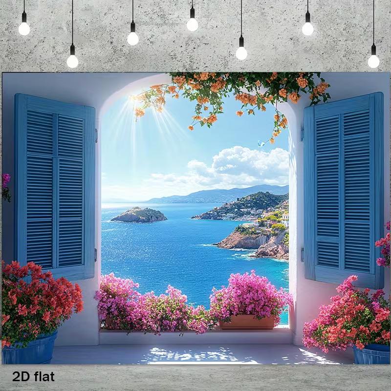 Coastal Home Decor Banner with Greek Island Window and Flowers 47.2x31.5inch/120*80cm