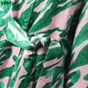 VONDA Oversized Women Casual V Neck Long Sleeve Floral Print Belt Smooth Loose Dress