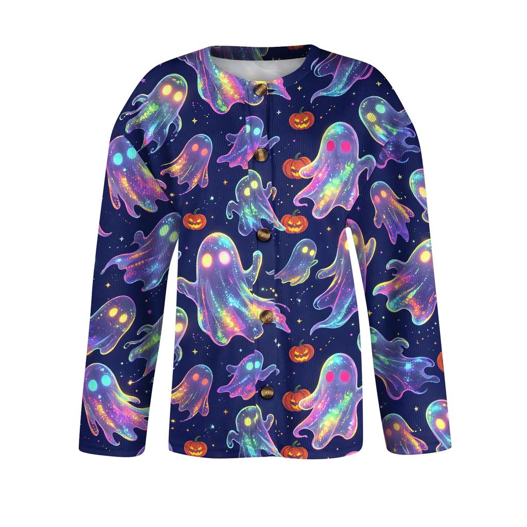 Women's Halloween Print Long Sleeve Knit Cardigan Button Front Sweater Coat Lightweight Casual Outerwear for Fall and Winter