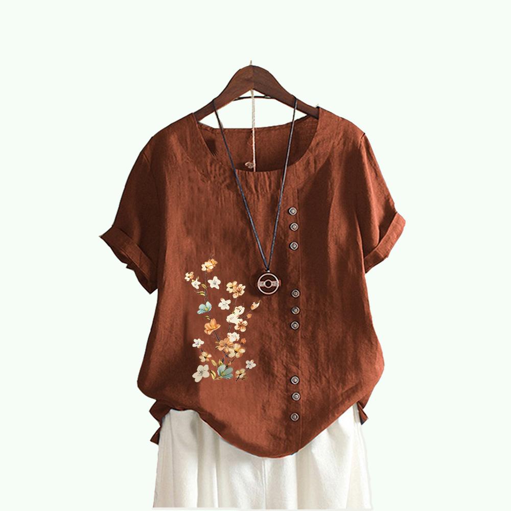 Moda damska T-shirt z kwiatowym nadrukiem Lato i jesień Casual Okrągły kołnierzyk z krótkim rękawem Top sweter Luźne bawełniane lniane bluzki