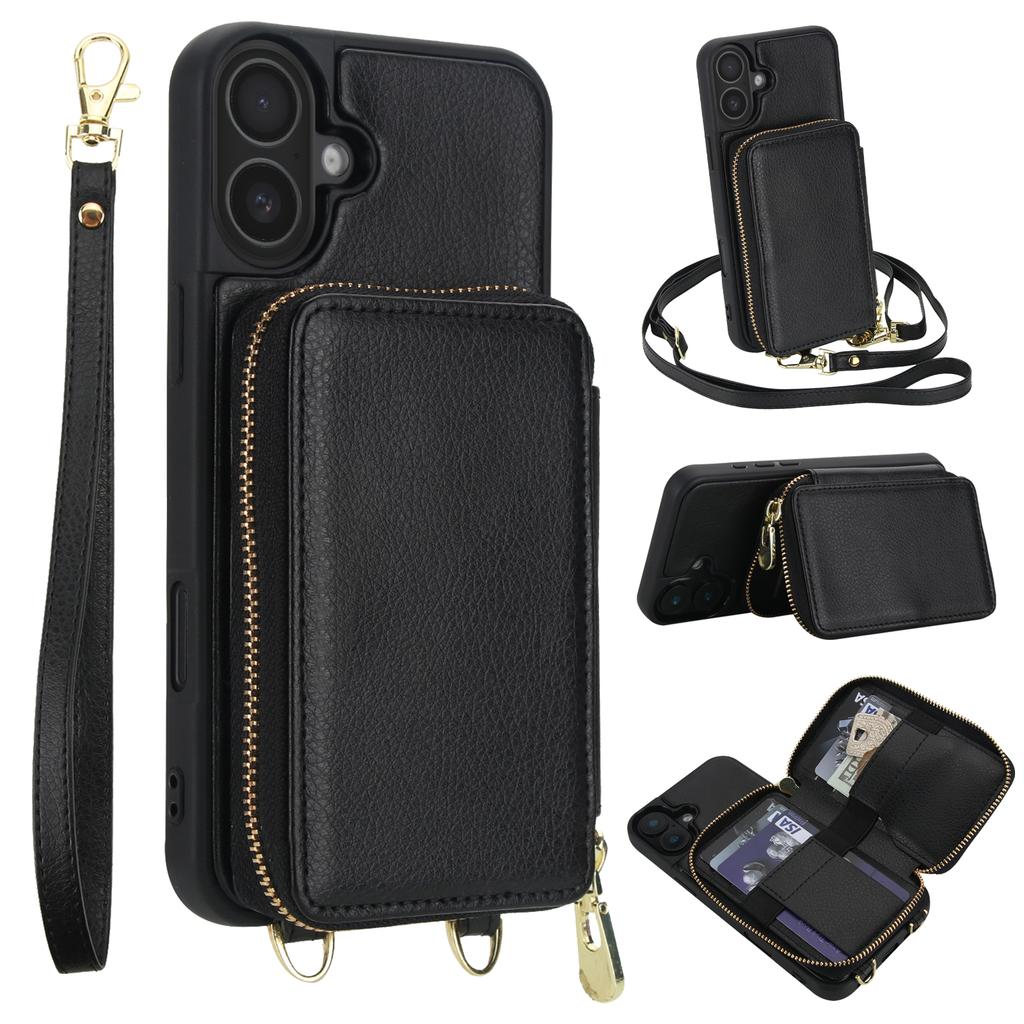 For iPhone 16 Plus Case RFID Blocking Zipper Wallet Leather + TPU Phone Cover with Shoulder Strap