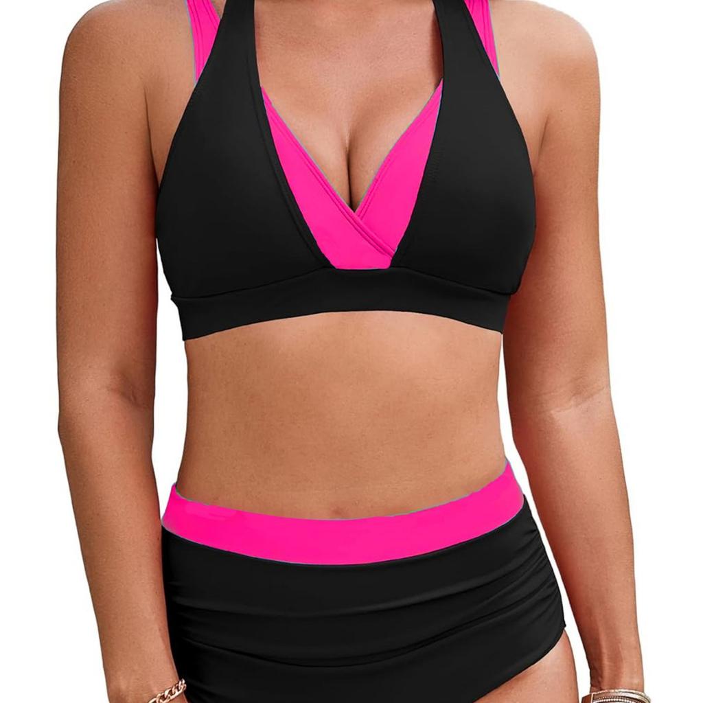 Bikini Sexy de Dos Piezas con Bloques de Color, Escote Halter y Cintura Alta Elegante Traje de Baño para Mujer