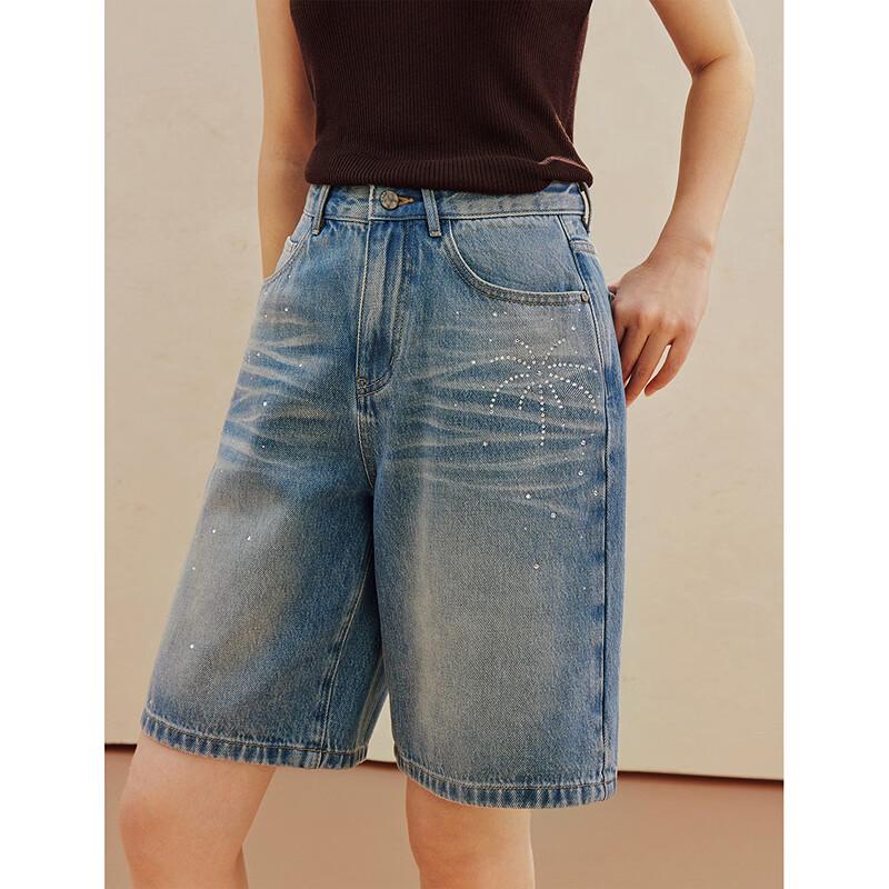 Blugi Capri Drepți cu Strassuri Retro pentru Femei INMAN