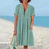 Vestido Feminino de Algodão e Linho Manga Curta Decote V Linha A Rodado Verão Casual Praia Férias Vestido de Sol com Bolsos