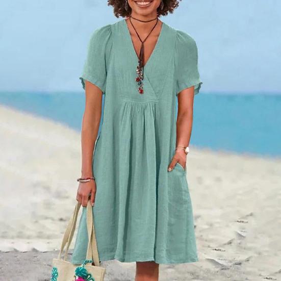 Vestido Feminino de Algodão e Linho Manga Curta Decote V Linha A Rodado Verão Casual Praia Férias Vestido de Sol com Bolsos