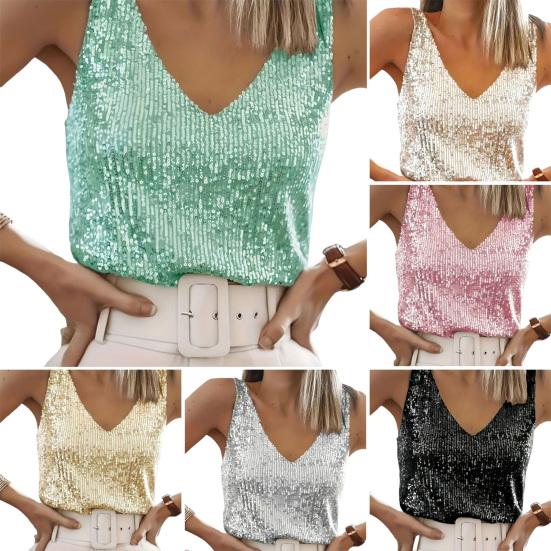 Women Vest Shiny Sequins Loose Fit Deep V Neck Sleeveless Tops Party Nightclub Stage Performance Camisole