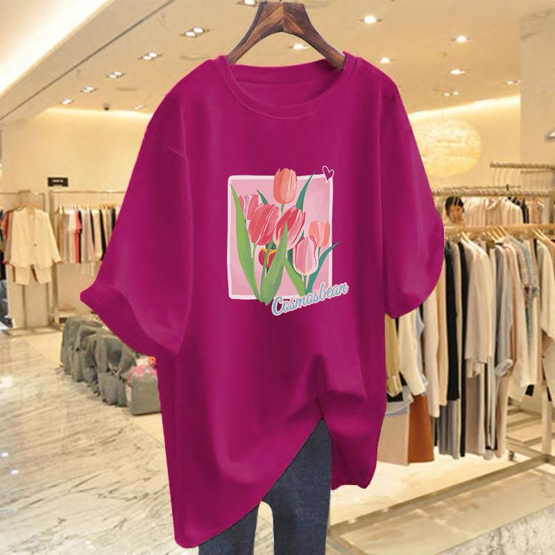 Loose flower print short-sleeved t-shirt women's new fashion alphabet top bottoming shirt