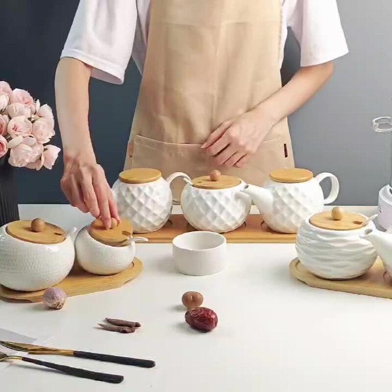 LISM Diamond Ceramic Seasoning Jar Set with Bamboo Rack
