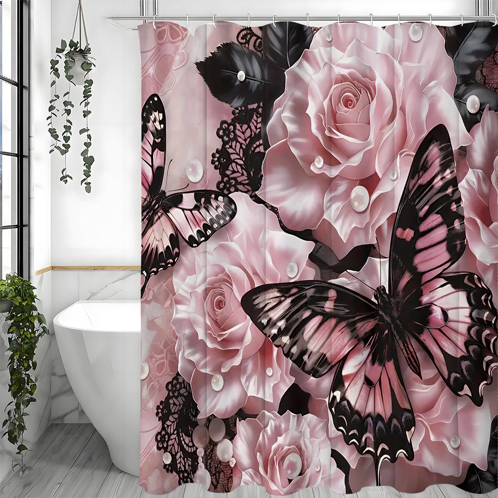 Black and Pink Butterfly Pink Rose Shower Curtain, Bathroom Decorative Shower Curtain, Waterproof Shower Curtain with Hooks