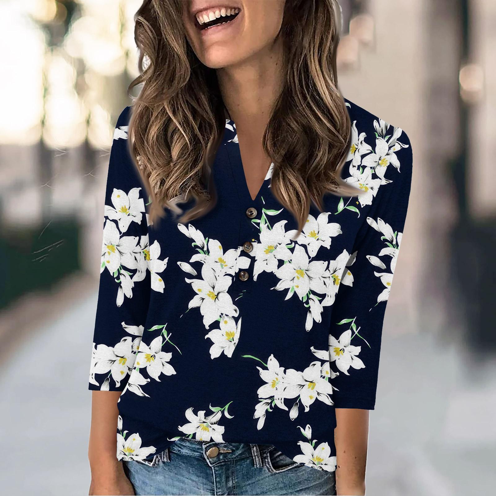 

Женская мода повседневный свободный топ с рукавом 3/4 и круглым вырезом M синий