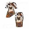 Women Plus Size Halloween Printed Round Neck Short Sleeve Asymmetric Top Fitted Skirt Two Piece Set