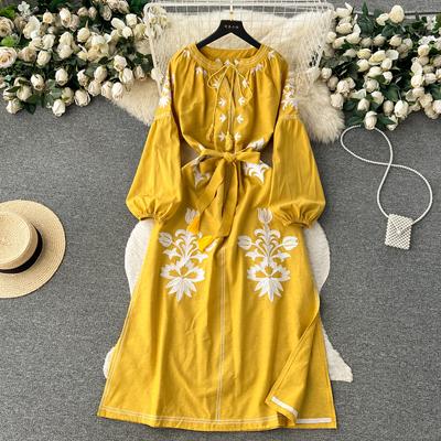Autumn Retro Women Dress Lace Up V Neck Long Puff Sleeve Bandage Bow Embroidery France Senior Split Loose A Line Dress