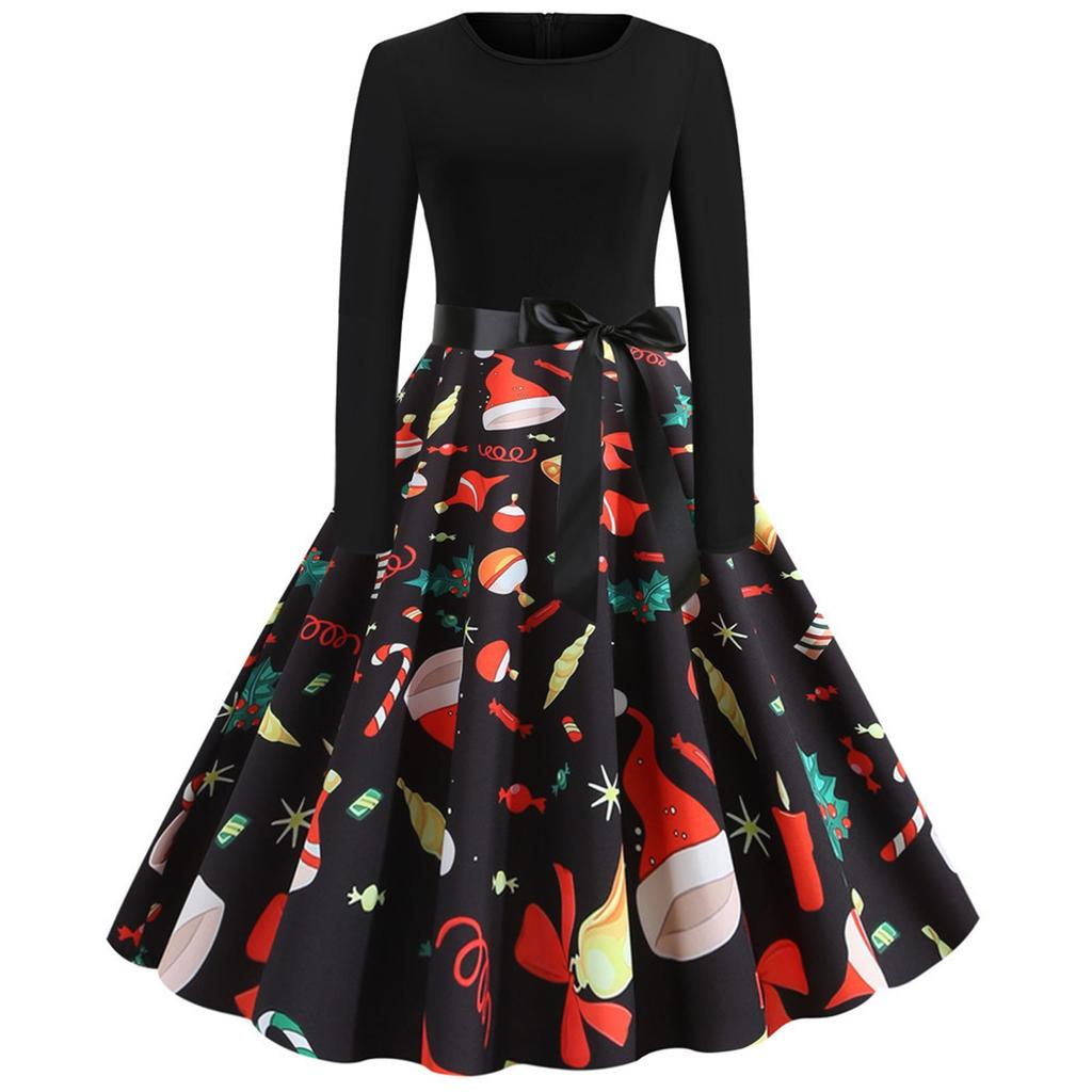 Women's Long Sleeve Vintage Dress Retro Fit Flare Holiday Party Dress Christmas Print Midi Dress with Waist Tie Belt