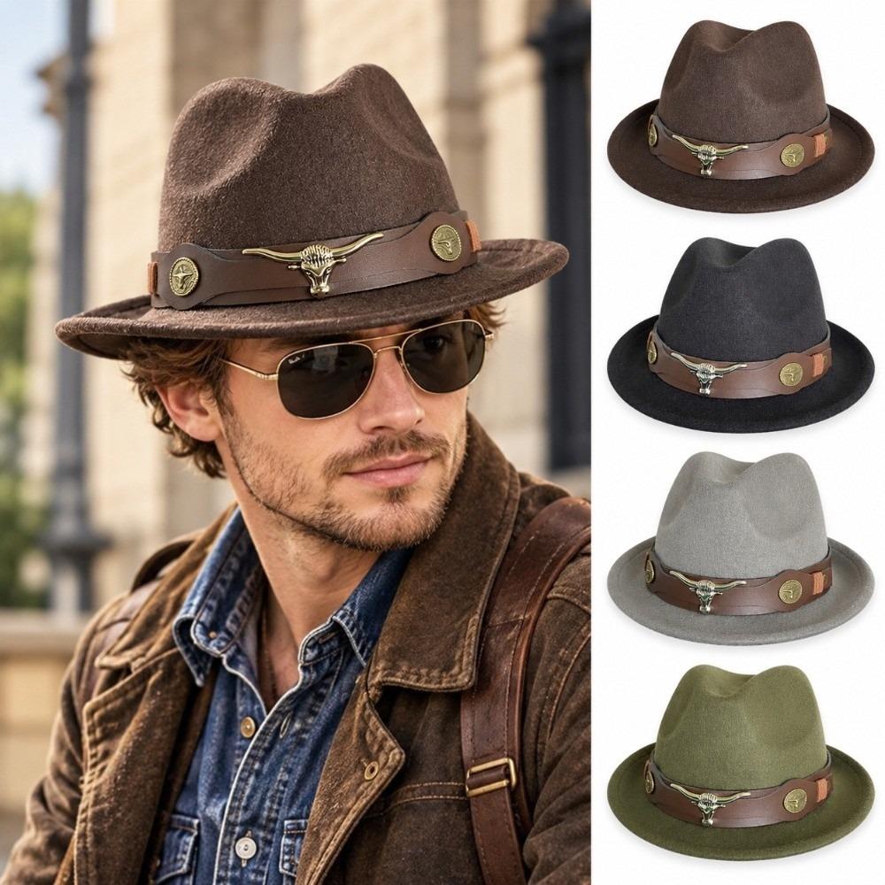 Bull Head Decor Fedora Hat Unisex Wide Brim Hat Vintage Western Cowboy Hat Outdoor Travel