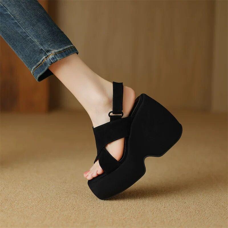 Fashion 2025 Summer Black Platform Sandals Nubuck Real Leather Shoes Woman Increasing Height High Heels Clogs Wedge Espadrilles Genuine