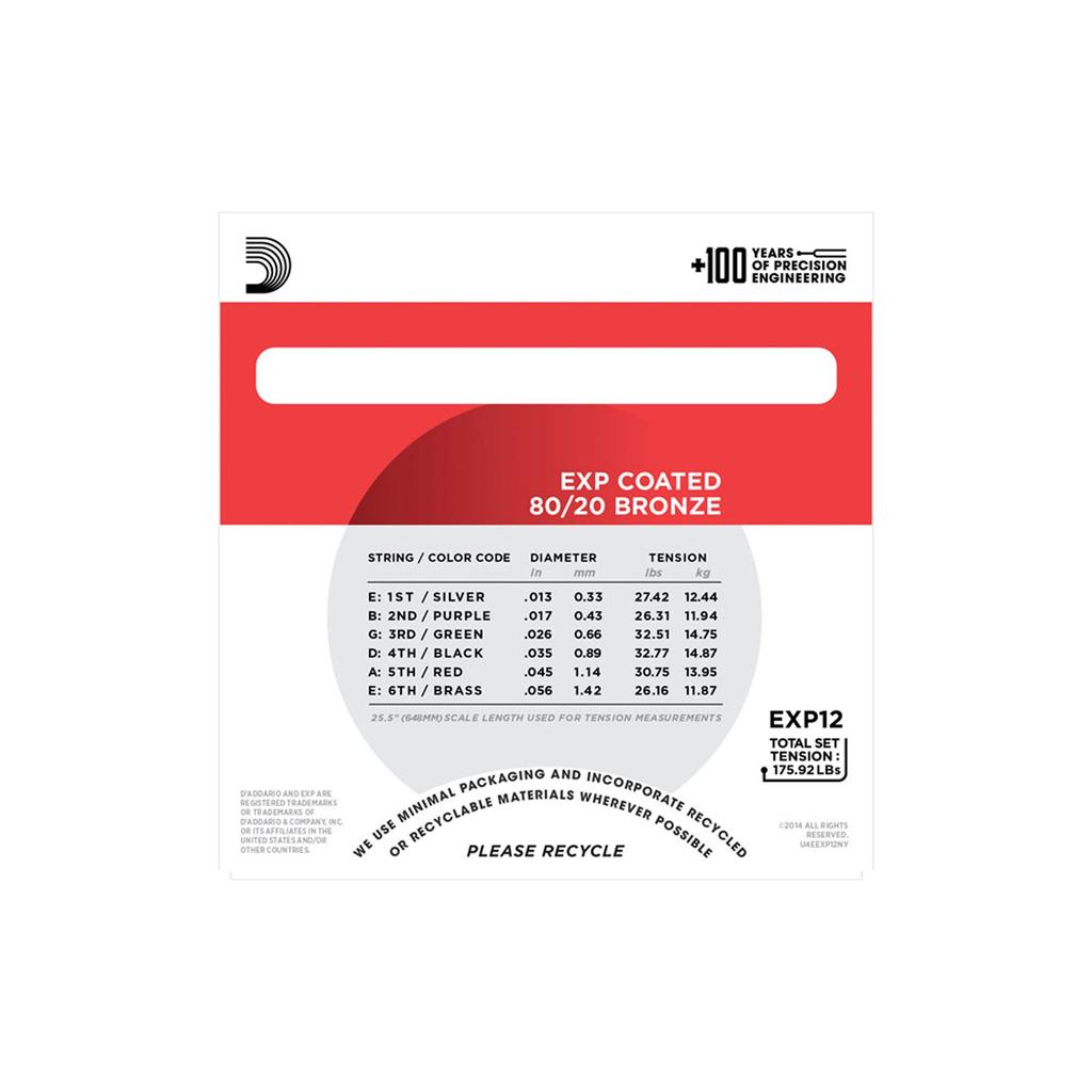 Acoustic Guitar EXP Coated EXP12 D'Addario Strings, Bronze, Medium, .013-.056,
