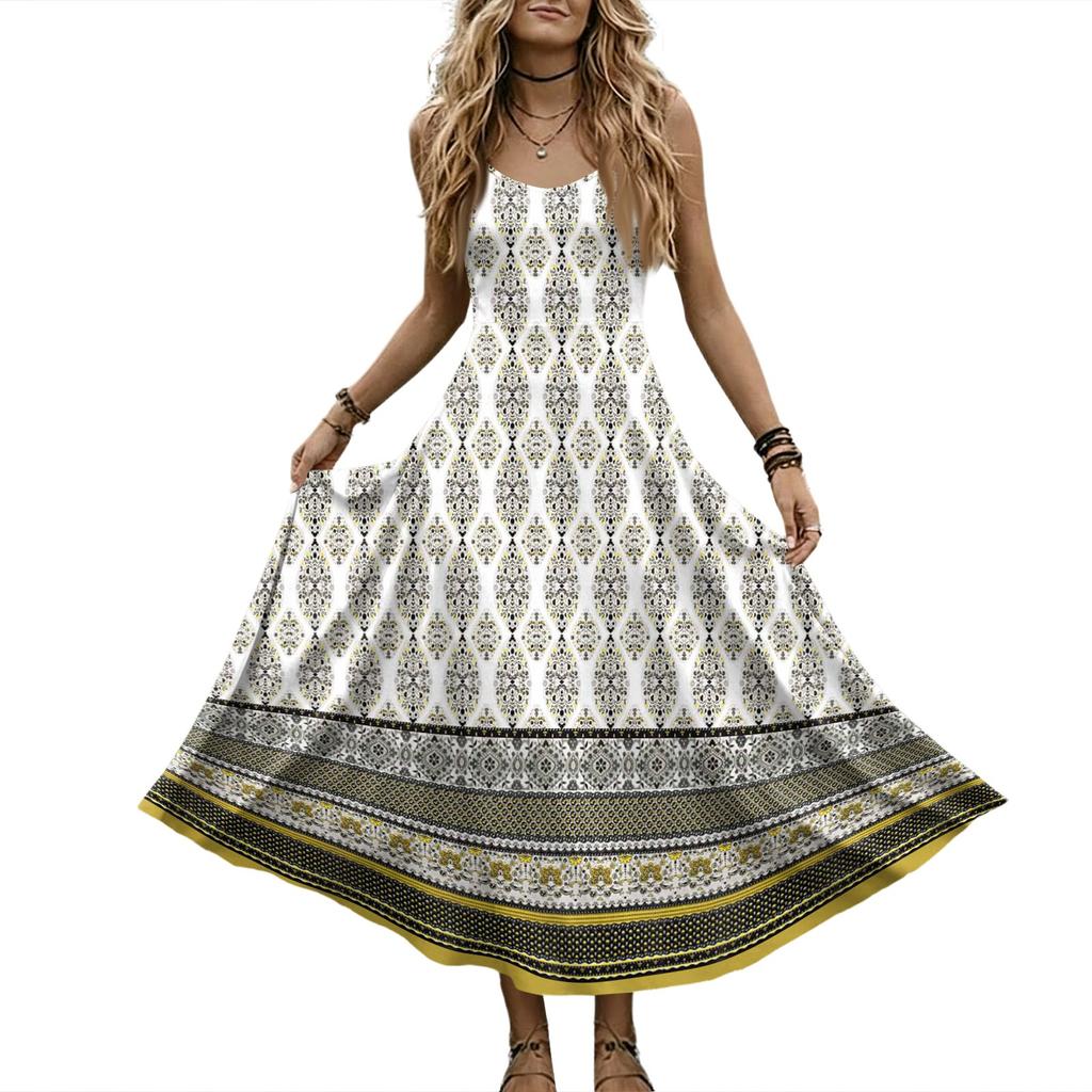 Women Sleeveless Maxi Dress Summer V Neck Long Casual Bohemian Style Spaghetti Strap Printed Sundress with Flared Hem
