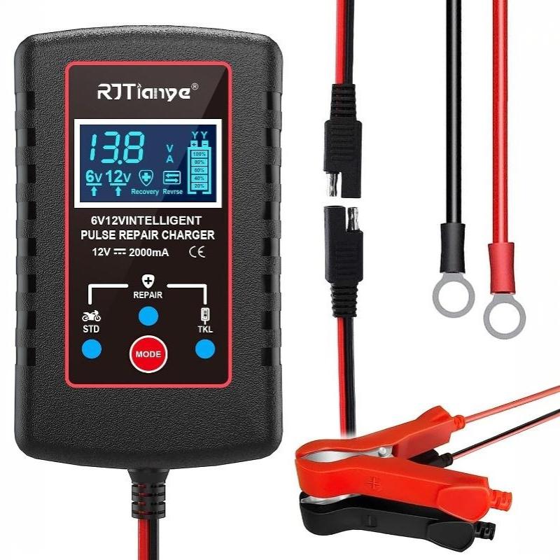 Waterproof Smart Motorcycle Charger with LCD Display ASE Adapter Cable for Outdoor Battery Repair Maintenance