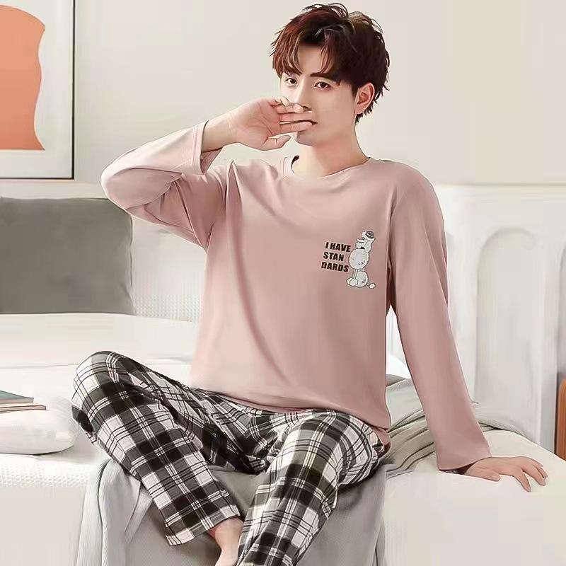 Summer Men's Sleepwear 2Pcs/Set Men Pajamas Set O-Neck Long Sleeve Striped Print Tops Elastic Waist Long Pants Set Home Lounge Wear Set