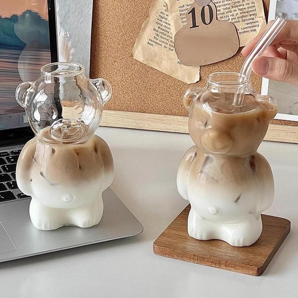 320ml Niedliche Bären-Design Glas Kaffeetasse mit Strohhalm Elegante Milchteetasse für Eiskalte Heiße Milch Saft Wasser Cocktail Bier Wein