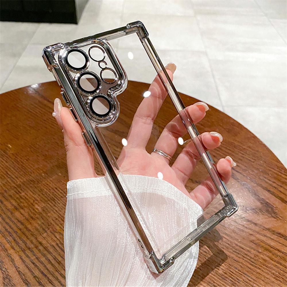 6D Plating Transparent Case For Samsung Galaxy S24 Ultra S22 Plus S23 FE Lens Film Camera Protection Air Cushion Clear Cover