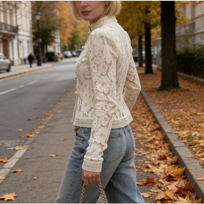 Women Spring Summer New Lace Crochet Stand Collar Slim Fit Blouse Stylish Elegant Commuter Design Shirt
