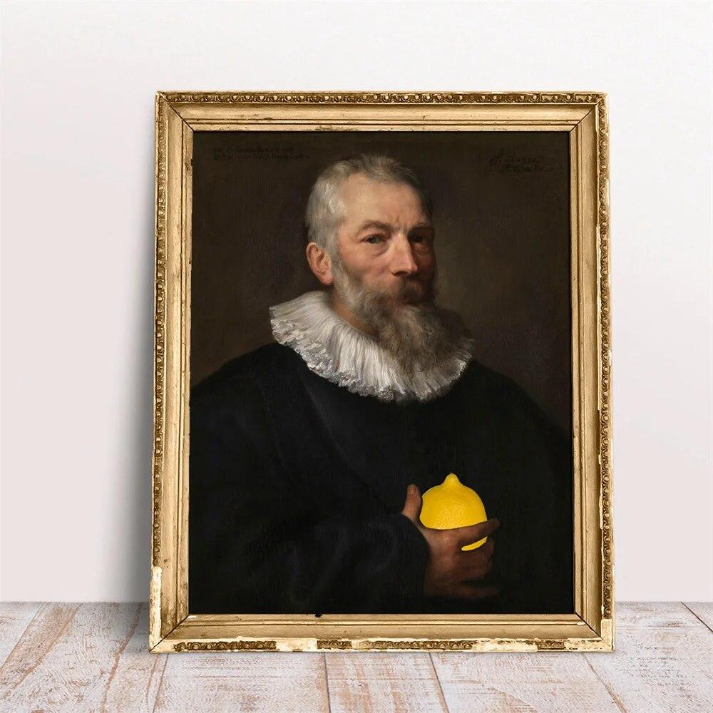 

Винтажный постер с портретом, Забавный портрет Мартена Пепейна с лимонным принтом, Альтер-арт в стиле барокко, картина маслом, холст, кухонный декор 21cm×30cm NoFrame