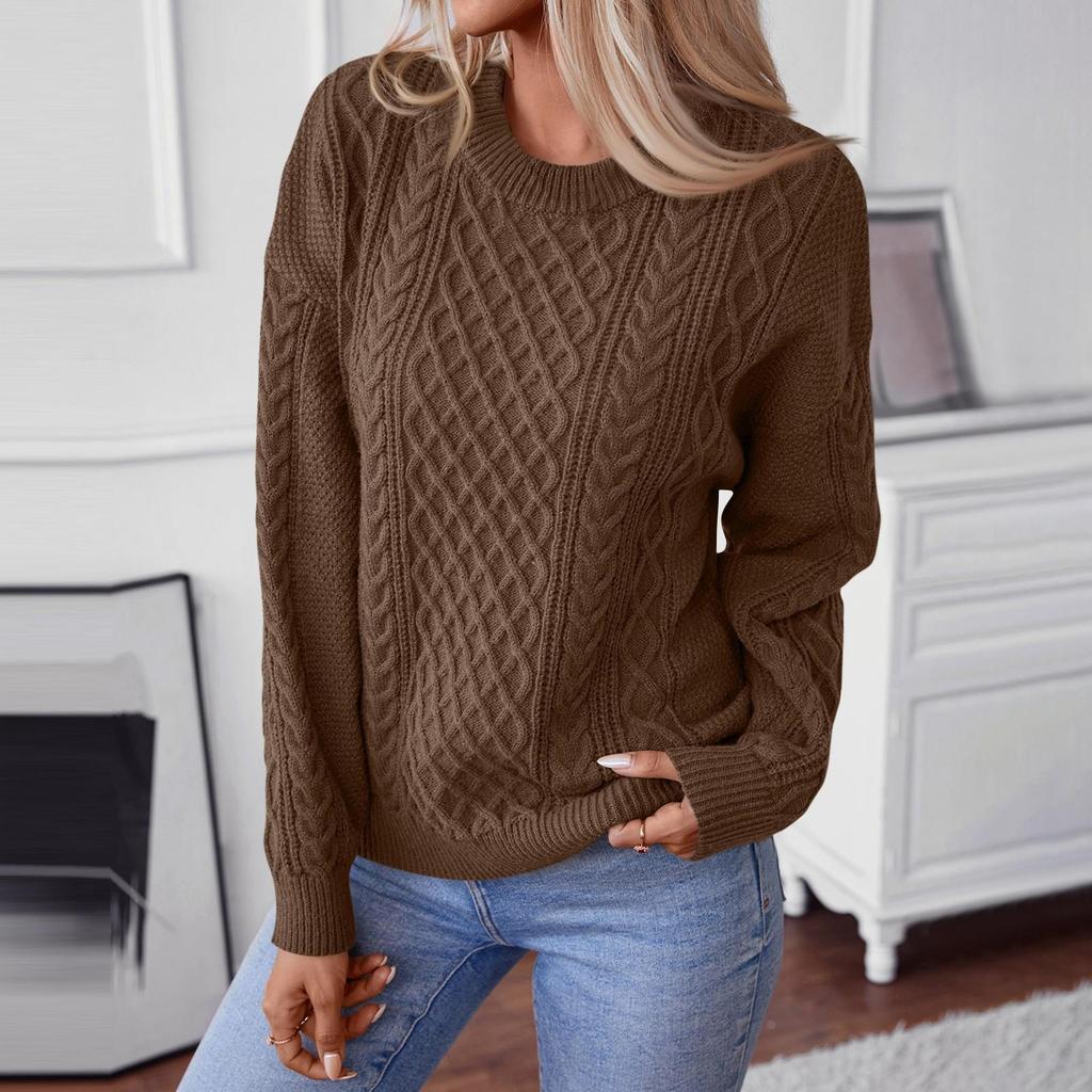 Women's Casual Fashion Round Neck Long Sleeved Knitting Sweater Top