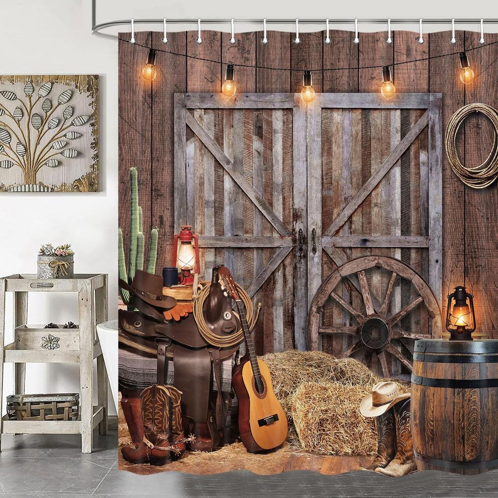 Country Barn Door Shower Curtain Farm Vintage Pattern Theme for Bathroom Bathtub Decoration Accessories Shower Curtain with Hook